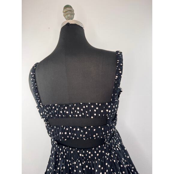 ASOS Black White Fit & Flare Dress Polka Dot Smocked Raw Cut Edges Pullover Sz 8 - Picture 5 of 6